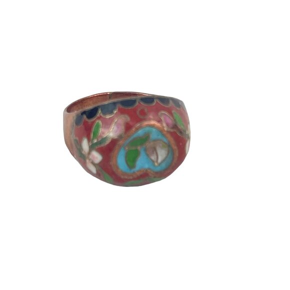Vintage Cloisonné Ring Chinese Export Enamel Floral Design Copper Base Unique Ar - Picture 11 of 12